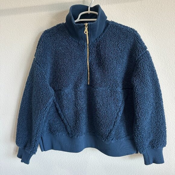 JoyLab Navy Blue Sherpa Fleece Lined Pullover Half Zip Jacket w/ Kangaroo Pocket - Picture 1 of 5
